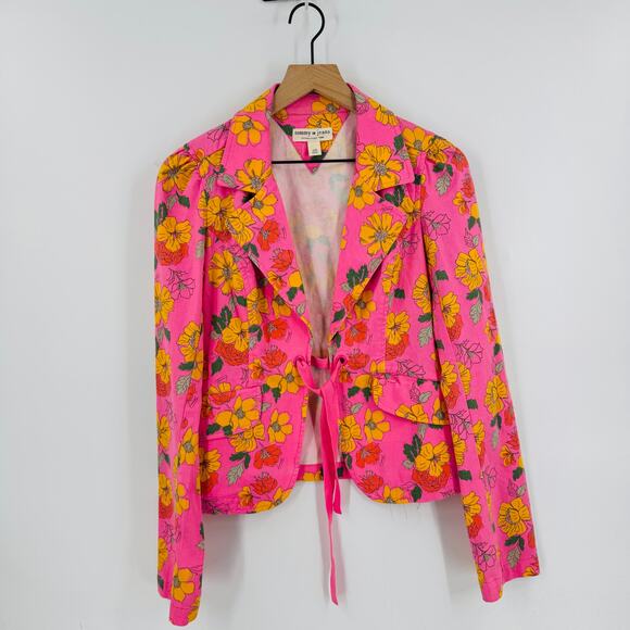 Y2K Tommy Hilfiger Jeans Floral Blazer Pink Yellow Jacket Retro 2000s Women’s L - Picture 1 of 9